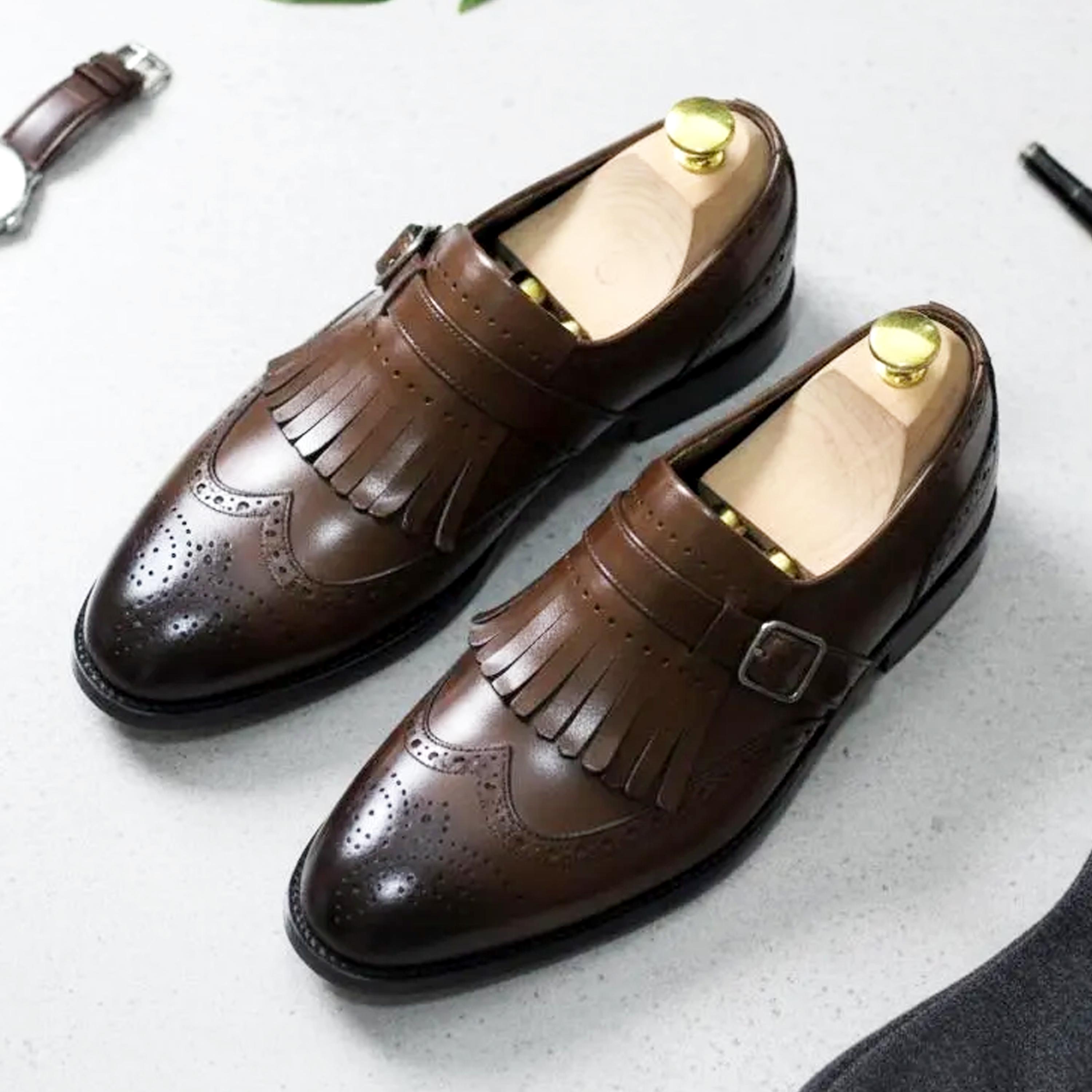 Vintage Italian Leather Kiltie Fringe Loafers Monk Strap Brogue Shoes EU 40 Brow Paul Parkman Men main image 2