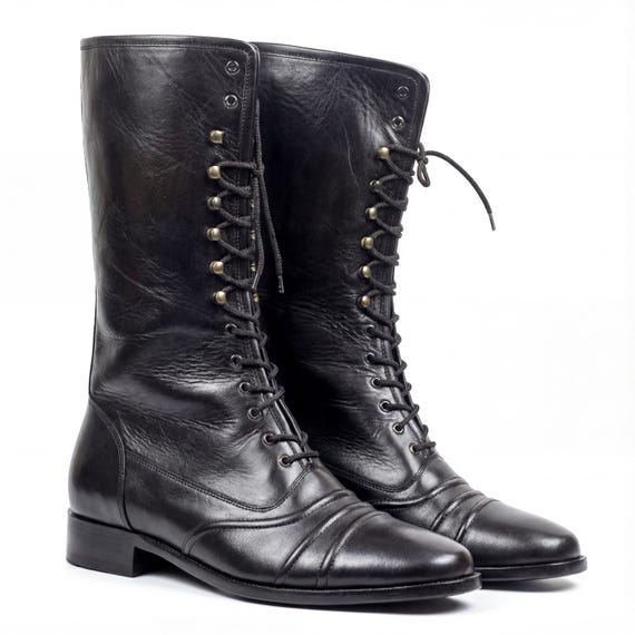 Black Leather Lace up Boots for Women | Victorian Mid Calf Cap Toe Dress Boots | Vintage Style Gothic Steampunk Renaissance Costume Footwear - Etsy Black Leather Lace up Boots for Women | Victorian Mid Calf Cap Toe Dress Boots | Vintage Style Gothic Steampunk Renaissance Costume Footwear - Etsy