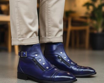 Handmade Chaka Blue Leather Boots: Men display picture 1