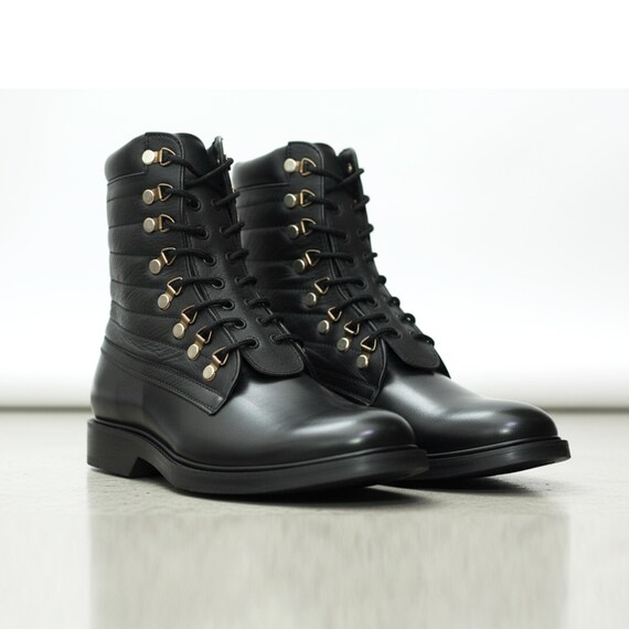 Mens Black Military Lace-up Boots | Handmade Combat-style  display picture 1