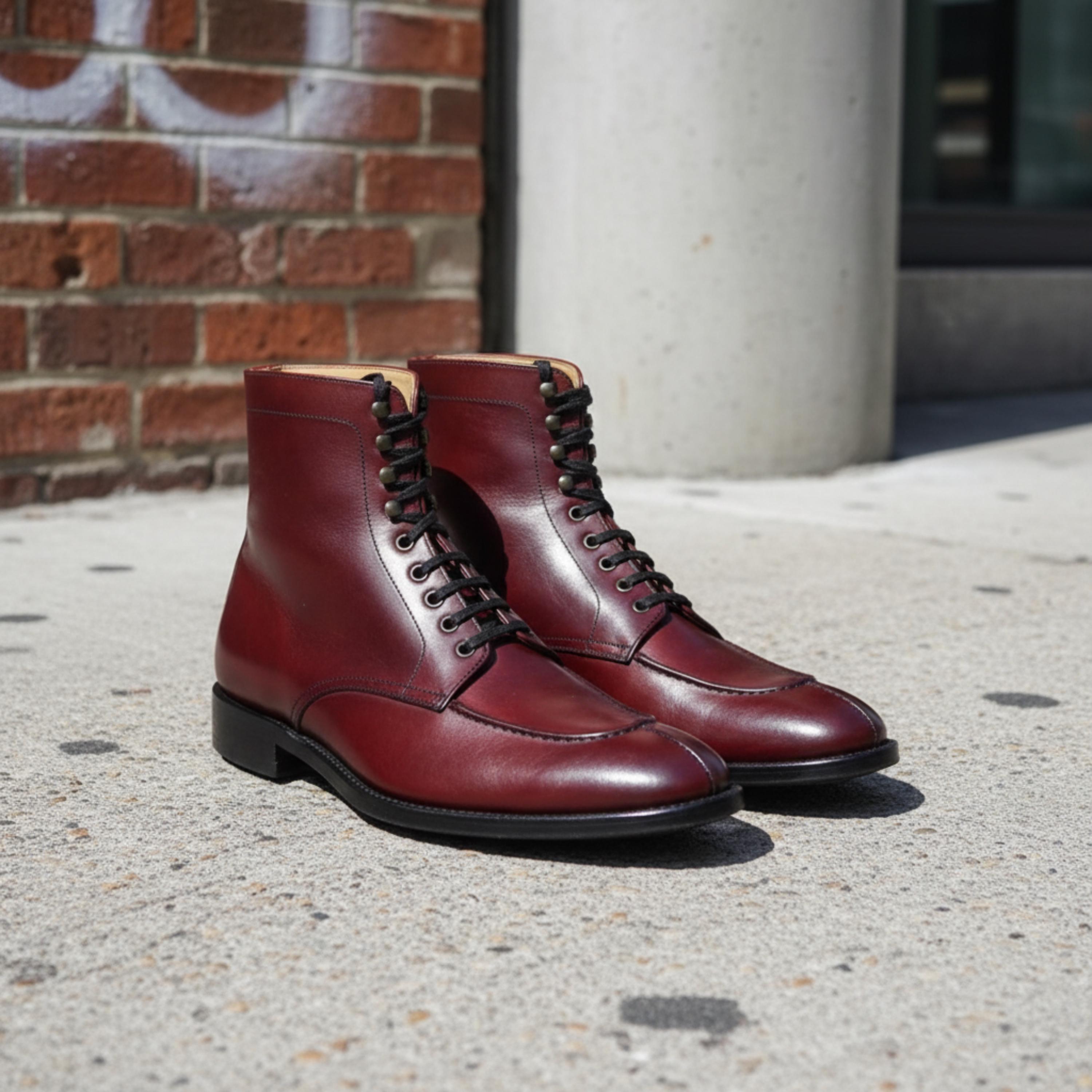 Mens Burgundy Leather Lace-up Boots | Handmade Ankle Dress 