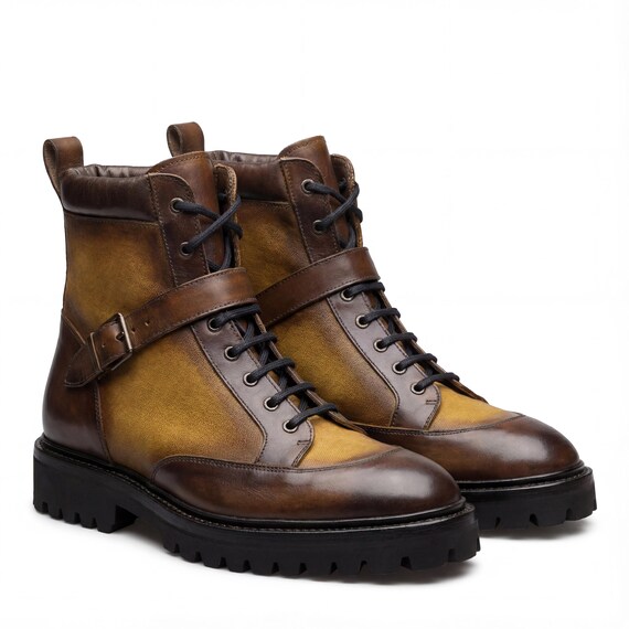 Men\'s Tan Leather Lace-Up Ankle Boots with Buckle Strap Men main image 2