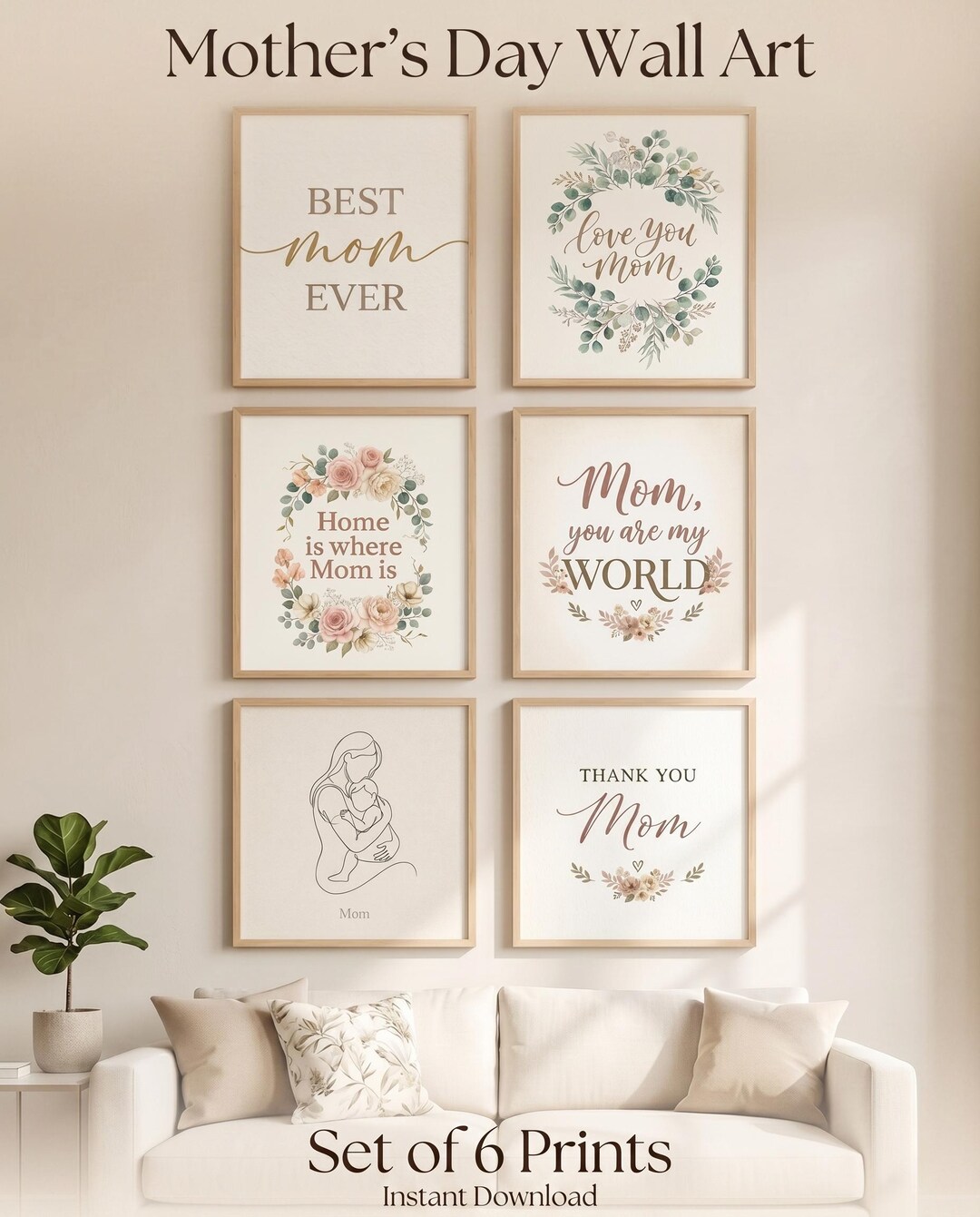 Mothers Day Wall Art Print, Bundle Set of 6, Minimalist Mom Gift ...