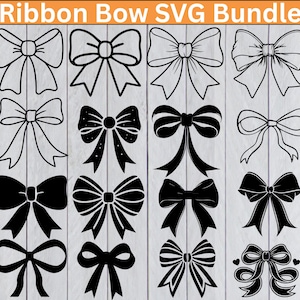 May include: A collection of ribbon bow designs in black and white. The image features various bow styles, including solid and outlined versions, with different ribbon shapes and knot details. The text "Ribbon Bow SVG Bundle" is at the top.
