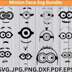 May include: A selection of black and white Minion face designs, featuring eyes, mouths, and eyebrows. The image includes the text "Minion Face Svg Bundle" and file type options: SVG, JPG, PNG, DXF, PDF, and EPS.
