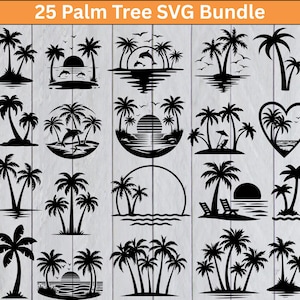 Puede incluir: Una colección de 25 diseños SVG de palmeras negras. Los diseños incluyen palmeras con puestas de sol, delfines, pájaros y escenas de playa. El texto "25 Palm Tree SVG Bundle" está en la parte superior de la imagen.