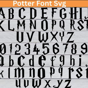 May include: Black font alphabet and numbers in a stylized design, with lightning bolt accents, arranged on a light wood-grain background. The text "Potter Font Svg" is at the top.