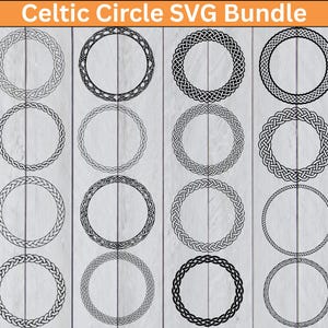 May include: A collection of Celtic circle designs in a bundle. The designs feature intricate knotwork patterns in black and white, perfect for digital art projects. The text "Celtic Circle SVG Bundle" is at the top.