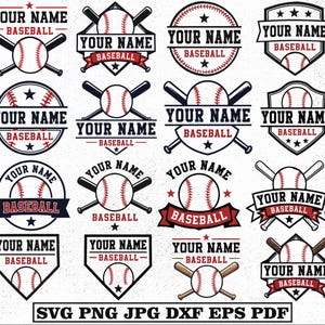 May include: A collection of sixteen baseball-themed graphic logos featuring baseballs, crossed bats, and shields in red, black, and white. Each design includes the placeholder text YOUR NAME and BASEBALL. The bottom text reads SVG PNG JPG DXF EPS PDF.