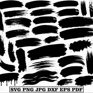 May include: A collection of black ink brush strokes and paint splatters arranged in various shapes and textures. The bottom of the image features a rectangular box containing the white text SVG PNG JPG DXF EPS PDF on a black background.