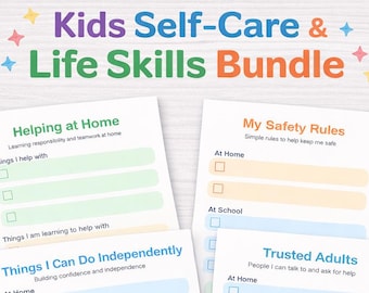 Paquete de habilidades para la vida y autocuidado para niños / Hojas de trabajo imprimibles para independencia y seguridad / Gráficos para fomentar la confianza / Descarga instantánea