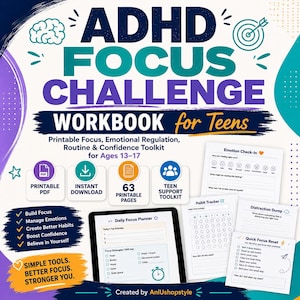 Peut inclure: Cahier d'exercices ADHD Focus Challenge pour adolescents. Boîte à outils imprimable pour les 13-17 ans. Comprend un planificateur quotidien, un bilan émotionnel, un suivi des habitudes et un déchargeur de distractions. Téléchargement PDF.
