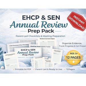 Puede incluir: Un paquete de preparación de revisión anual EHCP & SEN con listas de verificación dirigidas por padres y preparación de reuniones. Incluye documentos PDF A4 imprimibles para organizar la evidencia y realizar un seguimiento del progreso. Edad 5+.