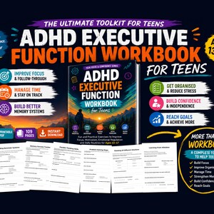 Op de afbeelding: Een digitaal ADHD-werkboek voor executieve functies bij tieners, met een boekomslag met een berglandschap, omringd door informatieve tekst, iconen en zes voorbeeldpagina's met oefeningen voor focus, geheugen en organisatie.