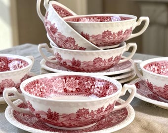 Ciotola e piattino vintage Villeroy & Boch Rusticana, decorazione a trasferimento rosso, stoviglie in stile rustico francese, prodotto in Germania