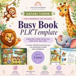 以下が含まれることがあります： サファリをテーマにした「Busy Book PLR Template」の広告。ライオン、キリン、ゾウ、サルなどの漫画の動物が描かれています。「Edit in Canva」や「Commercial Use Included」などのテキストが含まれています。