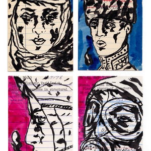 Ensemble d'oeuvres d'art pour cartes de bibliothèque, plastiques et action / quatre illustrations originales sur des cartes de bibliothèque vintage / cadeau artistique / signet / décoration intérieure / dessin