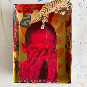 May include: A rectangular shadow box featuring a collage of a person with bright red skin covering their face with both hands. A cutout of a tiger is positioned above the person's head. The interior walls display yellow and orange patterns with the text and Suspense.
