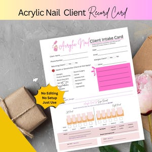 May include: An acrylic nail client record card with the title "Acrylic Nail Client Record Card" in black script. The card includes sections for client information, health sensitivities, and nail design preferences. A small gift box is in the image.