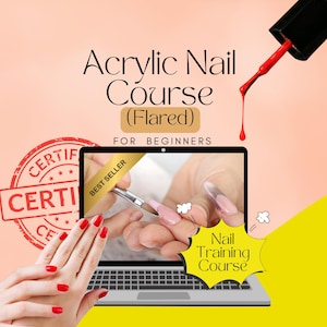 Può includere: Un annuncio digitale per un corso di unghie acriliche (a zampa) per principianti. La grafica mostra lo schermo di un portatile con un tutorial di applicazione, un pennello per smalto rosso con una goccia e un timbro certificato rosso.