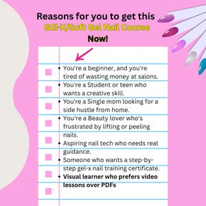 May include: A pink and white graphic promoting a GEL-X/Soft Gel Nail Course. Text includes reasons to take the course, such as being a beginner, student, or beauty lover. Colorful nail designs are in the upper right corner.
