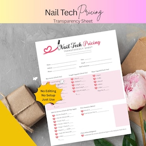 Peut inclure: Une feuille de transparence de tarification de technicien d'ongles rose et blanche avec un logo en forme de cœur. La feuille comprend des sections pour les services de base, les améliorations de longueur et les services supplémentaires. Le texte sur la feuille indique "No Editing, No Setup, Just Use."