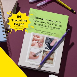 May include: A book titled "Russian Manicure & Structured Gel Training Manual for Beginners" with a green cover. The book has images of nail procedures and the text "50 Training Pages, Instant Digital Download". A purple pencil rests on the book.