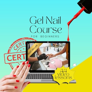 May include: An image promoting a gel nail course for beginners. The image shows a laptop displaying a nail technician working on a client's nails, a hand with red nail polish, and text that reads "Gel Nail Course for Beginners".