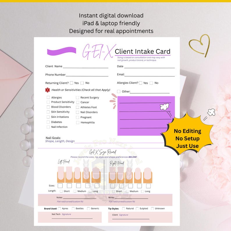 Intake Card Gel-x Client Card PDF | Nail Tech Size Record & Client Intake Form ...