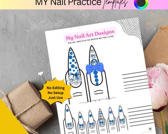 Puede incluir: Una hoja blanca con diseños de arte de uñas, con ilustraciones de uñas con lunares azules, lazos y gemas. El texto "MY Nail Practice Templates" y "My Nail Art Designs" son visibles. La hoja también incluye el texto "No Editing No Setup Just Use".