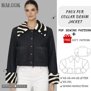 Faux Fur Collar Denim Jacket Sewing Pattern, Zebra Cuffs (Digital Download)