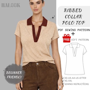 May include: A beige ribbed collar polo top with a dark brown V-neck and collar. The image includes text that reads "Ribbed Collar Polo Top" and "PDF Sewing Pattern + Free Gift Pattern". The design is "Beginner Friendly".