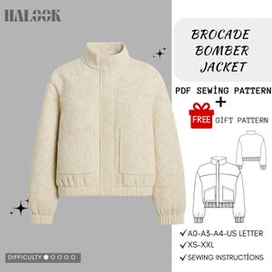 textured brocade bomber jacket pdf sewing pattern, a0 a3 a4 us letter, sizes xs-xxl