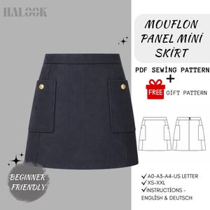 Puede incluir: Minifalda de panel Mouflon azul marino con dos bolsillos delanteros y detalles de botones dorados. La imagen incluye el texto "Beginner Friendly" y "PDF Sewing Pattern + Free Gift Pattern".