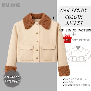 May include: A beige Oak Teddy Collar Jacket with a brown teddy collar and cuffs. The jacket has two front pockets and button closures. The image also includes text that says "PDF Sewing Pattern + Free Gift Pattern" and "Beginner Friendly".