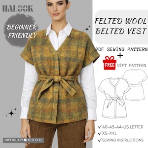 May include: A woman wearing a felted wool belted vest in shades of yellow and green, tied at the waist. The vest is part of a PDF sewing pattern, labeled "Beginner Friendly." The image also includes the text "Felted Wool Belted Vest" and "Free Gift Pattern."