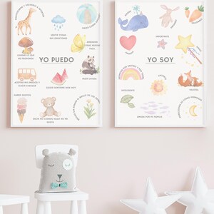 May include: Two framed watercolour prints with inspirational phrases and illustrations. One says "I Can" with images of a giraffe, mushroom, bus, and ice cream. The other says "I Am" with a whale, heart, rainbow, and fox.