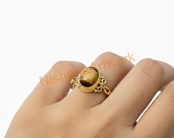 Natural Tiger Eye Ring 925 Sterling Silver Yellow Gold Plated Promise Engagement Rings Jewelry