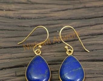 Blue Lapis Lazuli 925 Sterling Silver Yellow Gold Plated Handmade Dangle Earrings For Her