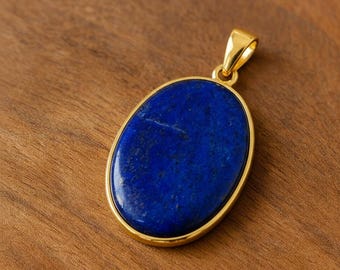 大きなオーバルラピスラズリブルーストーン925スターリングシルバーイエローゴールドメッキステートメントペンダント