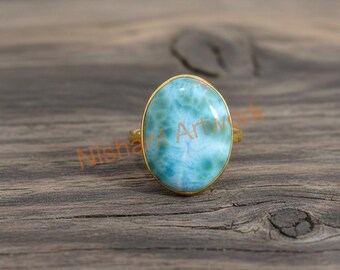 Natural Blue Larimar 925 Sterling Silver Yellow Gold Plated Handmade Ring Birthday Gift Jewelry