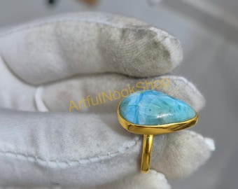 Natural Larimar Ring 925 Sterling Silver Yellow Gold Plated Handmade Statement Boho Rings Jewelry