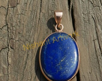 オーバルブルーラピスラズリペンダント 925スターリングシルバー ローズゴールドメッキ ハンドメイドステートメントペンダント