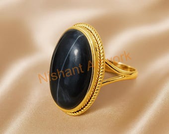 Natürliche Blaue Tigerauge Edelstein 925 Sterling Silber Gelbgold handgemachte Statement Ring