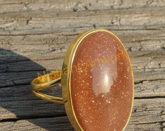 Natural Sunstone Orange Stone Ring 925 Sterling Silver Yellow Gold Plated Boho Stacking Rings