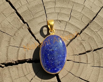 天然ラピスラズリペンダント 925スターリングシルバー イエローゴールドメッキ ハンドメイドステートメントペンダント