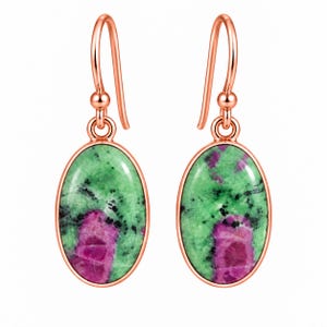 May include: A pair of rose gold drop earrings featuring oval-shaped zoisite stones. Each stone displays a mottled pattern of vibrant green and deep magenta with black inclusions, set within a smooth rose gold bezel and attached to a curved hook.