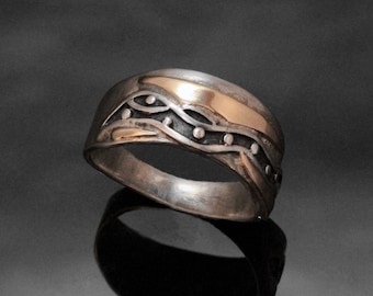 Silver Gold Ring Oxidized Waves Spiral, Handmade in BC Canada