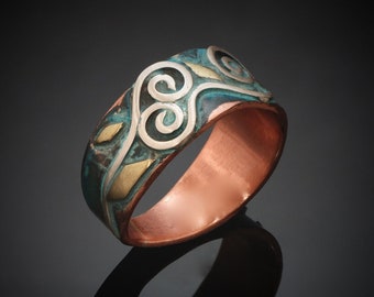 Copper Silver Ring, patina spirals waves, 8mm width, Handmade in BC Canada