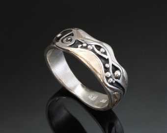 Silver Gold Ring Oxidized Waves Spiral, Handmade in BC Canada